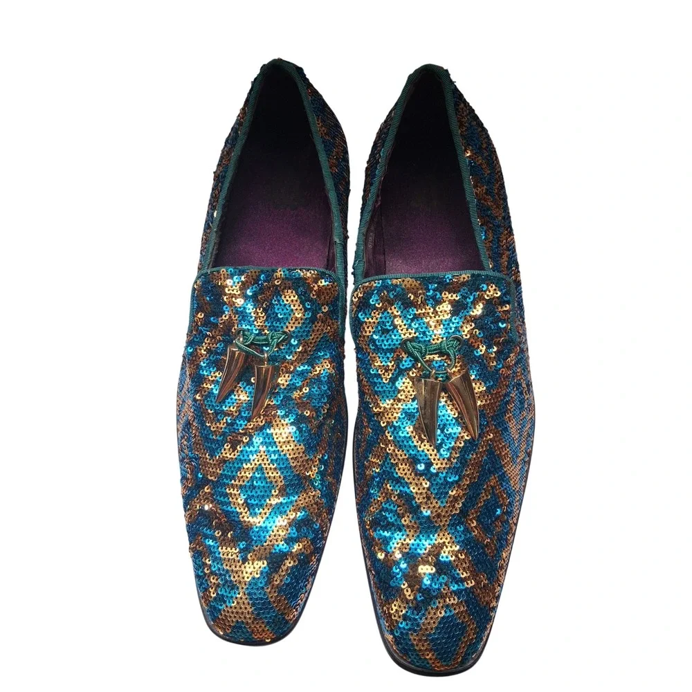 Mens Blue Bronze Sequin Geometric Loafers Gold Spike Tassel Formal Dress Shoes